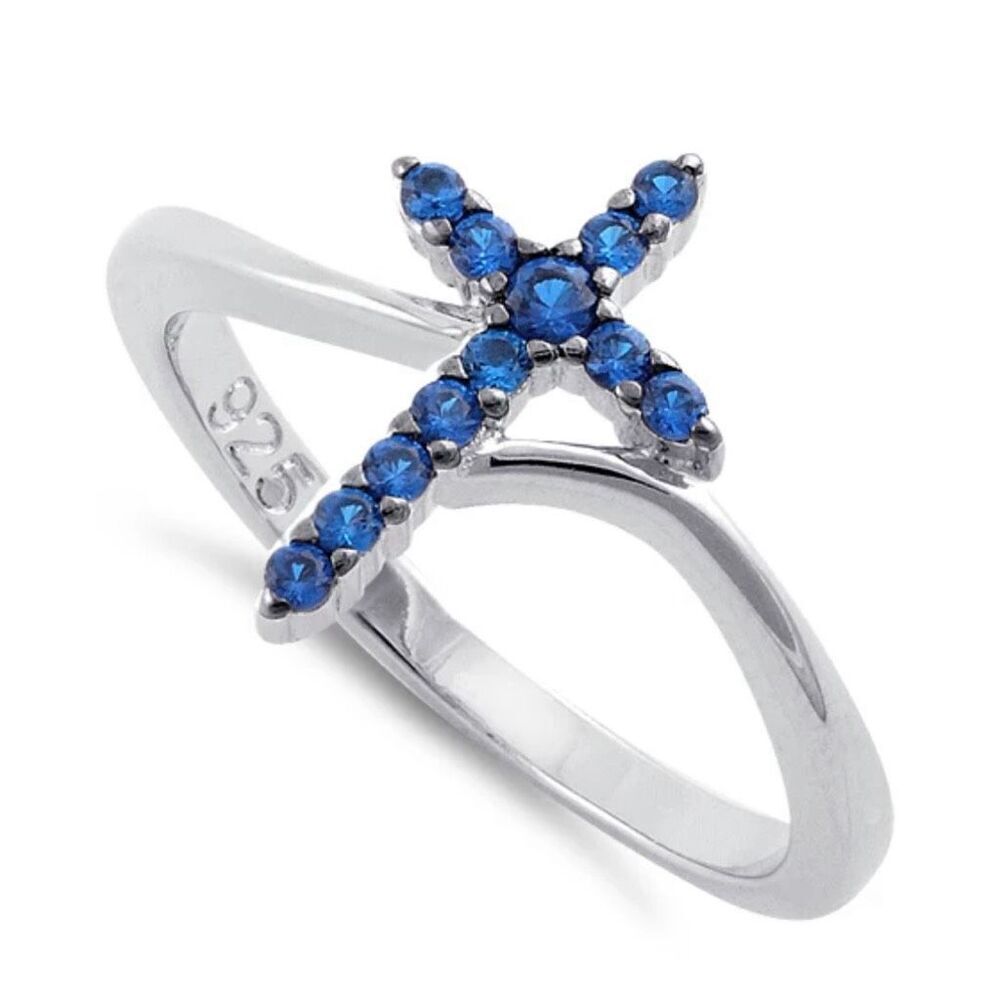 Sterling Silver Cross Sapphire Blue CZ Round Cut Christian Ring Boho Casual New